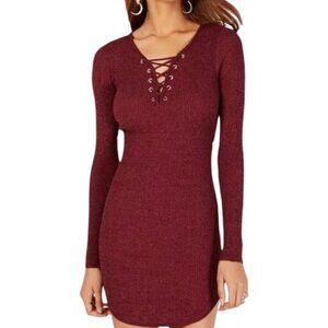 Forever 21Women Burgundy Ribbed Long Sleeve Knit Mini Dress With Lace-Up V-Neck